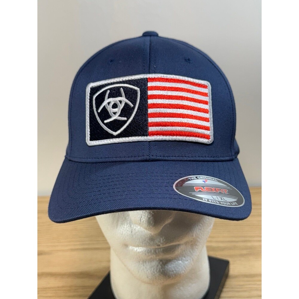 NWT Ariat Flexfit Flag Logo Patch Fitted‎ Hat Cap Outdoors Navy Blue Size L/XL